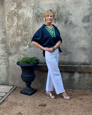 Midnight Navy Top with Green Placard Design - Annie Jack TX