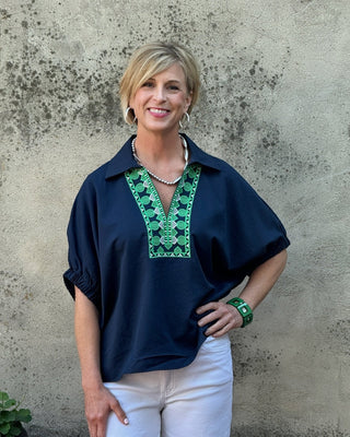 Midnight Navy Top with Green Placard Design - Annie Jack TX