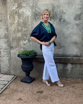 Midnight Navy Top with Green Placard Design - Annie Jack TX