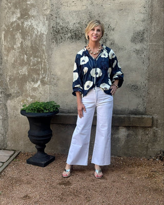 Navy Poppy Print Ruffle Neck Blouse - Annie Jack TX