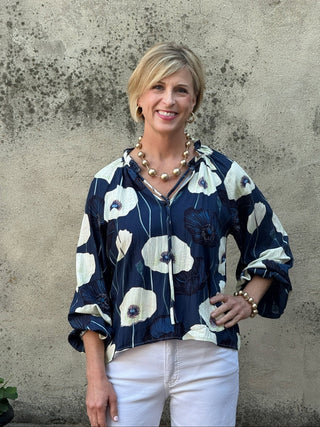 Navy Poppy Print Ruffle Neck Blouse - Annie Jack TX
