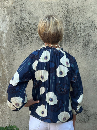 Navy Poppy Print Ruffle Neck Blouse - Annie Jack TX