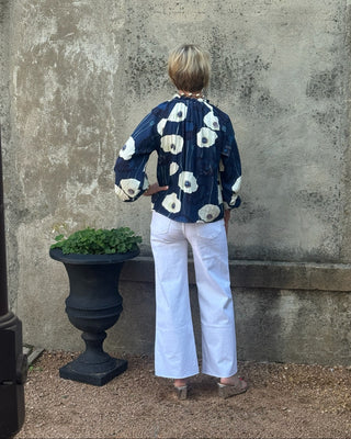 Navy Poppy Print Ruffle Neck Blouse - Annie Jack TX