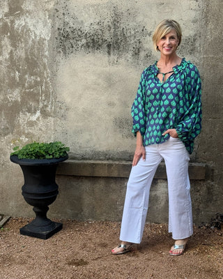 The Eloise Navy & Aqua Geometric Ruffle Collar Blouse - Annie Jack TX
