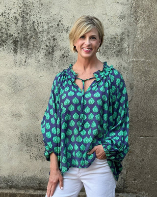 The Eloise Navy & Aqua Geometric Ruffle Collar Blouse - Annie Jack TX