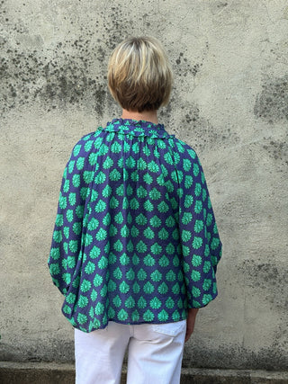 The Eloise Navy & Aqua Geometric Ruffle Collar Blouse - Annie Jack TX