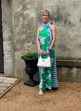 Coastal Garden Floral & Striped Halter Maxi Dress - Annie Jack TX