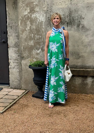 Coastal Garden Floral & Striped Halter Maxi Dress - Annie Jack TX