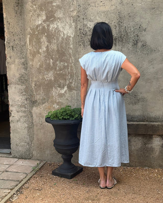 Striped Round Neck Pintuck Midi Dress - Annie Jack TX