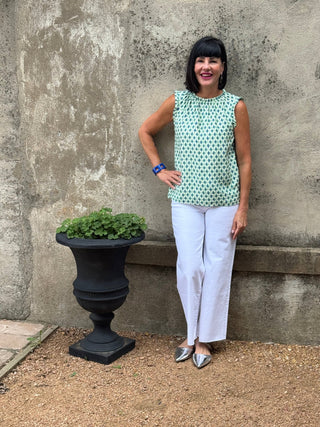 Emerald & Azure Ruffle Neck Print Top - Annie Jack TX