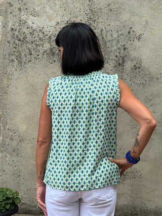 Emerald & Azure Ruffle Neck Print Top - Annie Jack TX