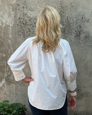 Off - White V - Neck Cotton Top with Pleated Back - Annie Jack TX