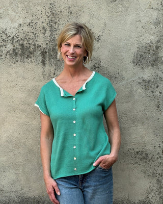 Cream Trim Button - Front Summer Knit Top - Annie Jack TX