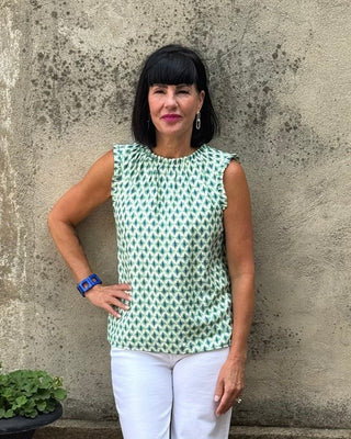 Emerald & Azure Ruffle Neck Print Top - Annie Jack TX