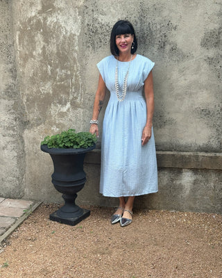 Striped Round Neck Pintuck Midi Dress - Annie Jack TX