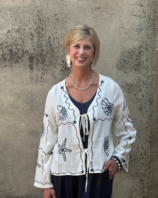 Marina Coastal Embroidered Linen Tie - Front Top - Annie Jack TX