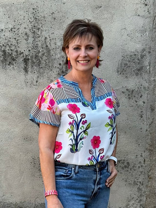 ANNIE JACK Floral Striped Patchwork Short Sleeve Split Neck Top - Annie Jack TX