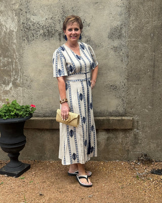 Coastal Chic Geometric Embroidered Linen Midi Dress – Annie Jack TX