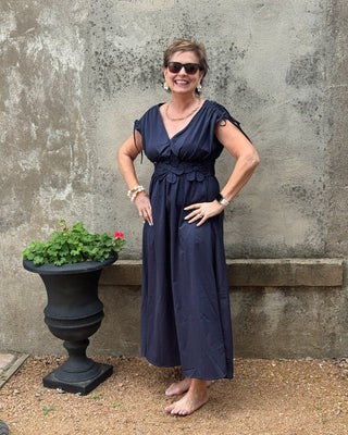 Midnight Bloom Floral Applique V - Neck Maxi Dress - Annie Jack TX