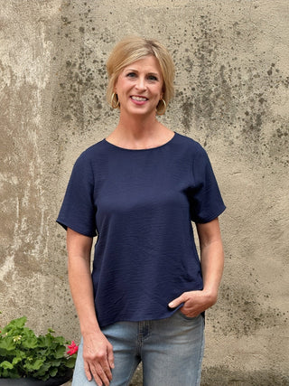 Navy Short Sleeve Open Back Bow Detail Top - Annie Jack TX