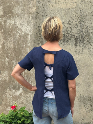 Navy Short Sleeve Open Back Bow Detail Top - Annie Jack TX