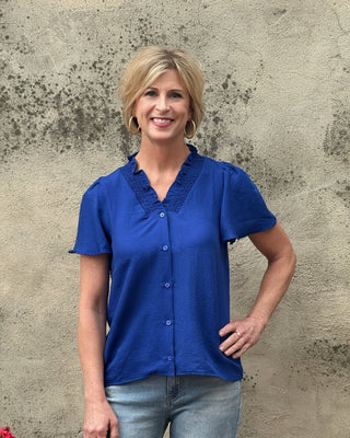 Eliza Smocked V - Neck Flutter Sleeve Blouse - Annie Jack TX