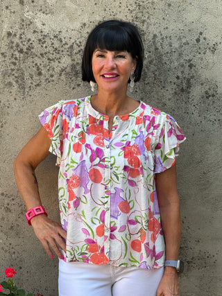 Iris & Orange Floral Flutter Sleeve Button-Down Blouse