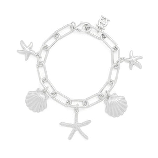 Silver bracelet with starfish and shell charms on a white background