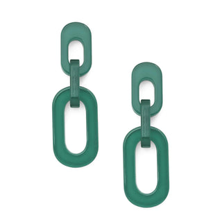 Pair of green chain-link earrings on a white background