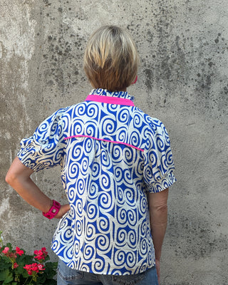 Azure Swirl Print Top with Ruffled Neckline - Annie Jack TX