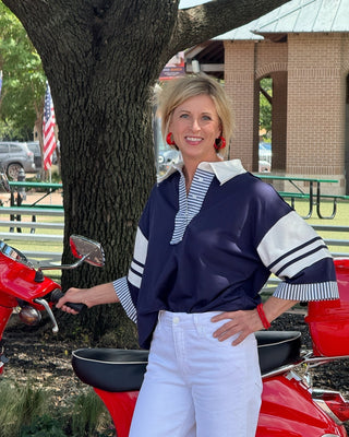 Navy Striped Bell Sleeve Top - Annie Jack TX