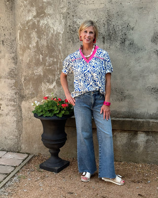 Azure Swirl Print Top with Ruffled Neckline - Annie Jack TX