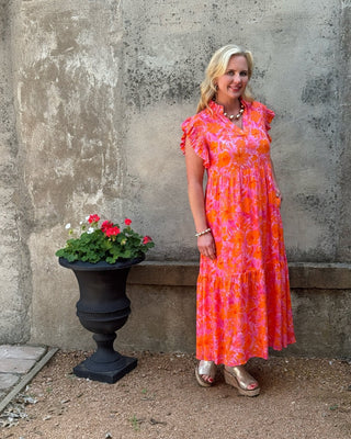 orange and pink floral midi dress Pink/Orange Floral Tiered Maxi Dress