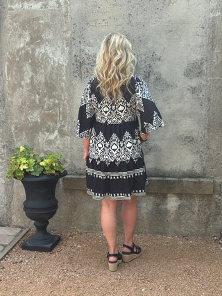 Tiered Dress with 3/4 Length Bell Sleeves and a Ruffled Neck - Annie Jack TX