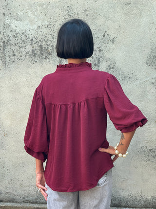 3/4  Balloon Sleeve V Neck Top - Annie Jack TX