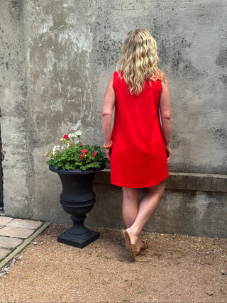 back view of red dress