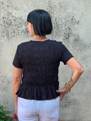 Smocked Peplum Fitted Top - Classic Black - Annie Jack TX