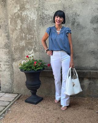 Soft Denim Flutter Sleeve V-Neck Top - Annie Jack TX