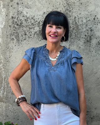 Soft Denim Flutter Sleeve V-Neck Top - Annie Jack TX