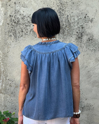 Soft Denim Flutter Sleeve V-Neck Top - Annie Jack TX