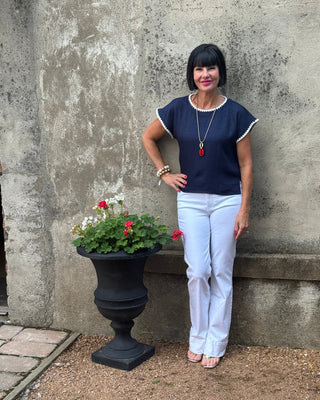 Navy Scallop Trim Drop Shoulder Blouse - Annie Jack TX