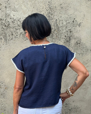 Navy Scallop Trim Drop Shoulder Blouse - Annie Jack TX