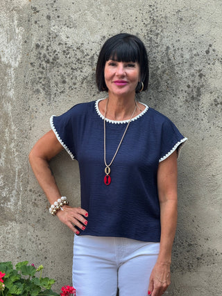Navy Scallop Trim Drop Shoulder Blouse - Annie Jack TX