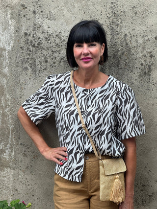 Wild Side Zebra Short Sleeve Button-Down Top - Annie Jack TX