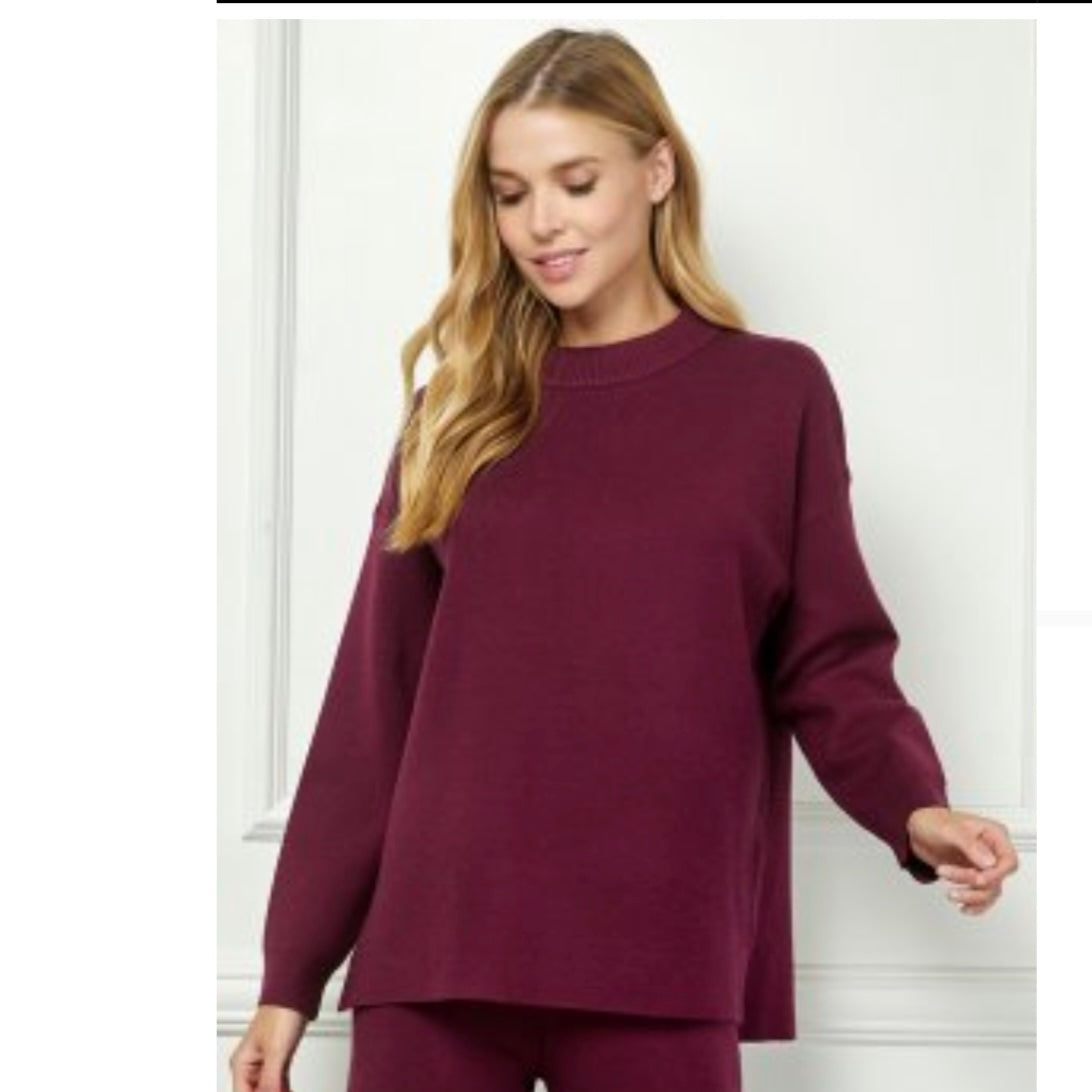 Mock Neck Sweater Set Top Burgundy - Annie Jack TX