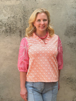 Sunset Floral Embroidered Ruffle Neck Top - Annie Jack TX