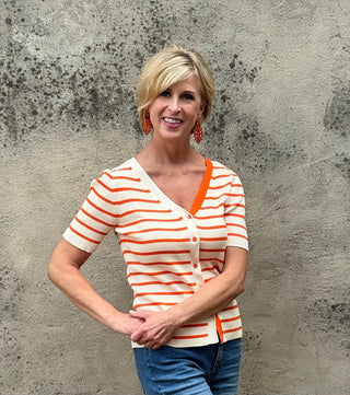 Sunny Orange & Cream Ribbed Short Sleeve Cardigan - Annie Jack TX