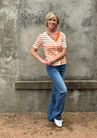 Sunny Orange & Cream Ribbed Short Sleeve Cardigan - Annie Jack TX