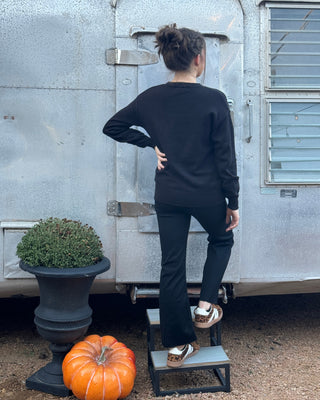 Person standing on a step in front of a vintage trailer with a pumpkin and potted plant nearby.