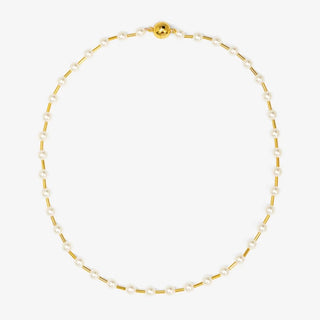 A delicate gold chain necklace with evenly spaced white pearls, arranged in a circle on a clean white background.